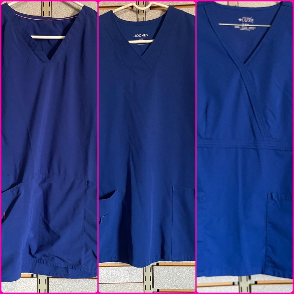 Lot of 3 Womens Scrub Tops Cherokee Luxe Jockey Royal Blue Medical Uniforms M